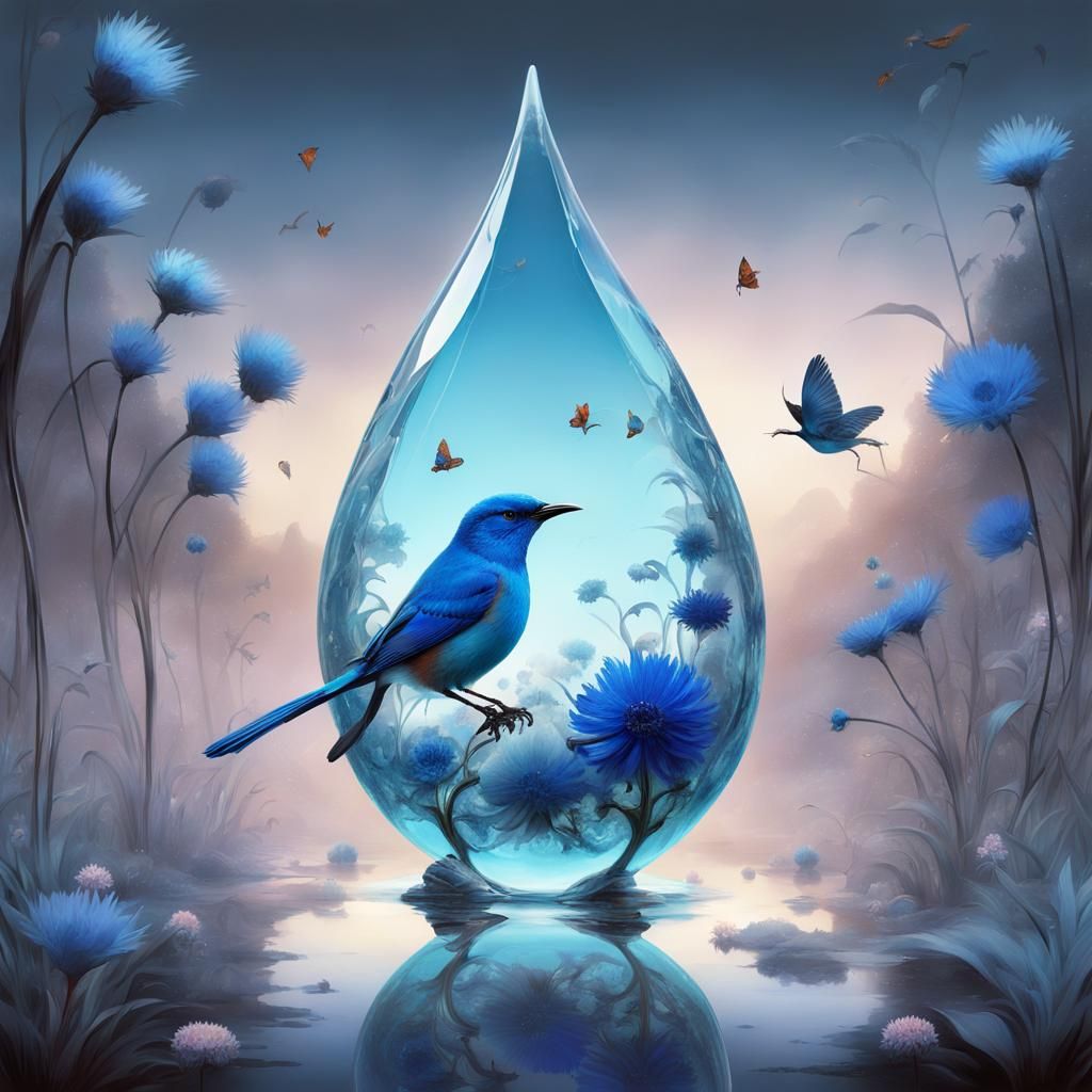 Surreal Bluebird with Flower Inlays, Digital Illustration