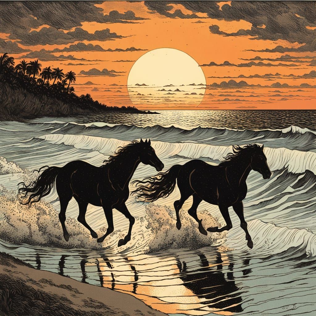 Horses Run on Beach at Sunset: Etching and Aquatint