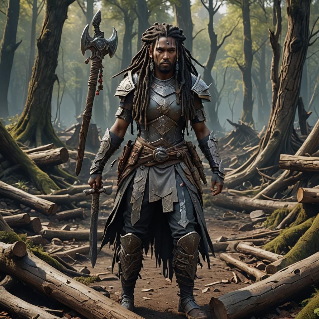 Earth Genasi Warrior with Axe in Forest