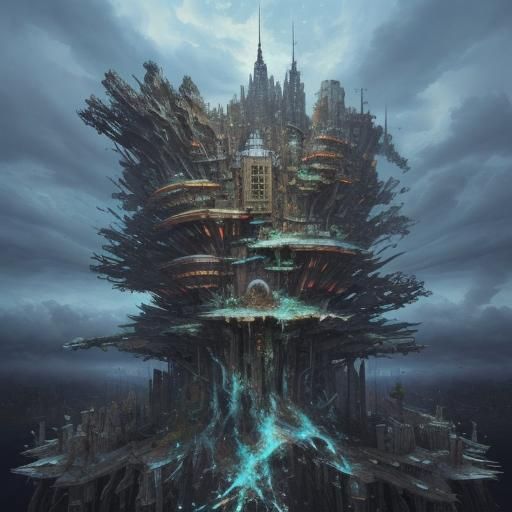 Harmonious Cyberpunk Heaven in Surreal Mixed Media