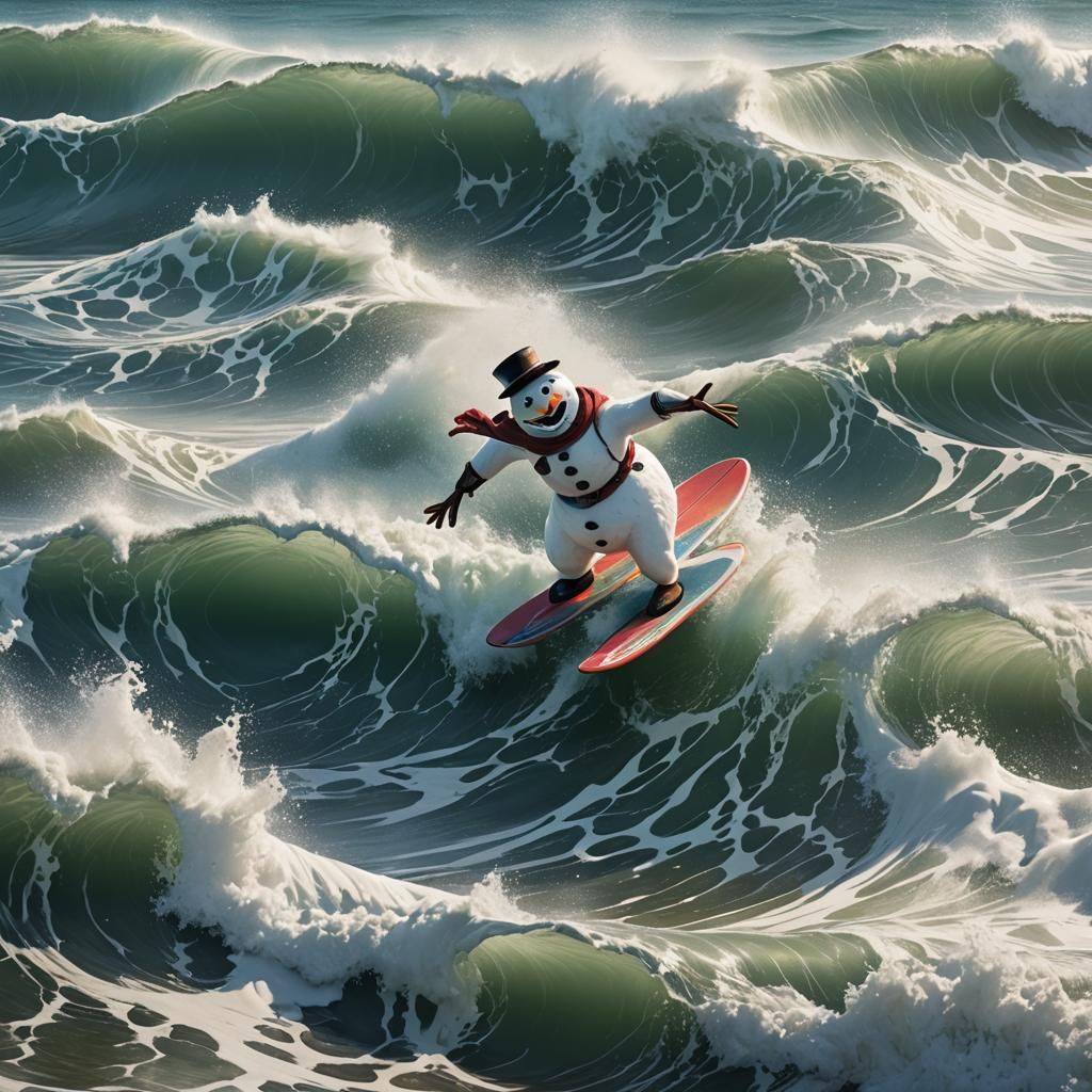 Snowman Surfing a Summer Wave: Detailed Matte Painting