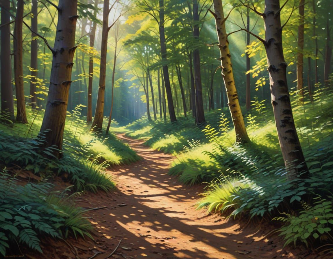 Sunlit Forest Trail in Impressionist Plein Air Style