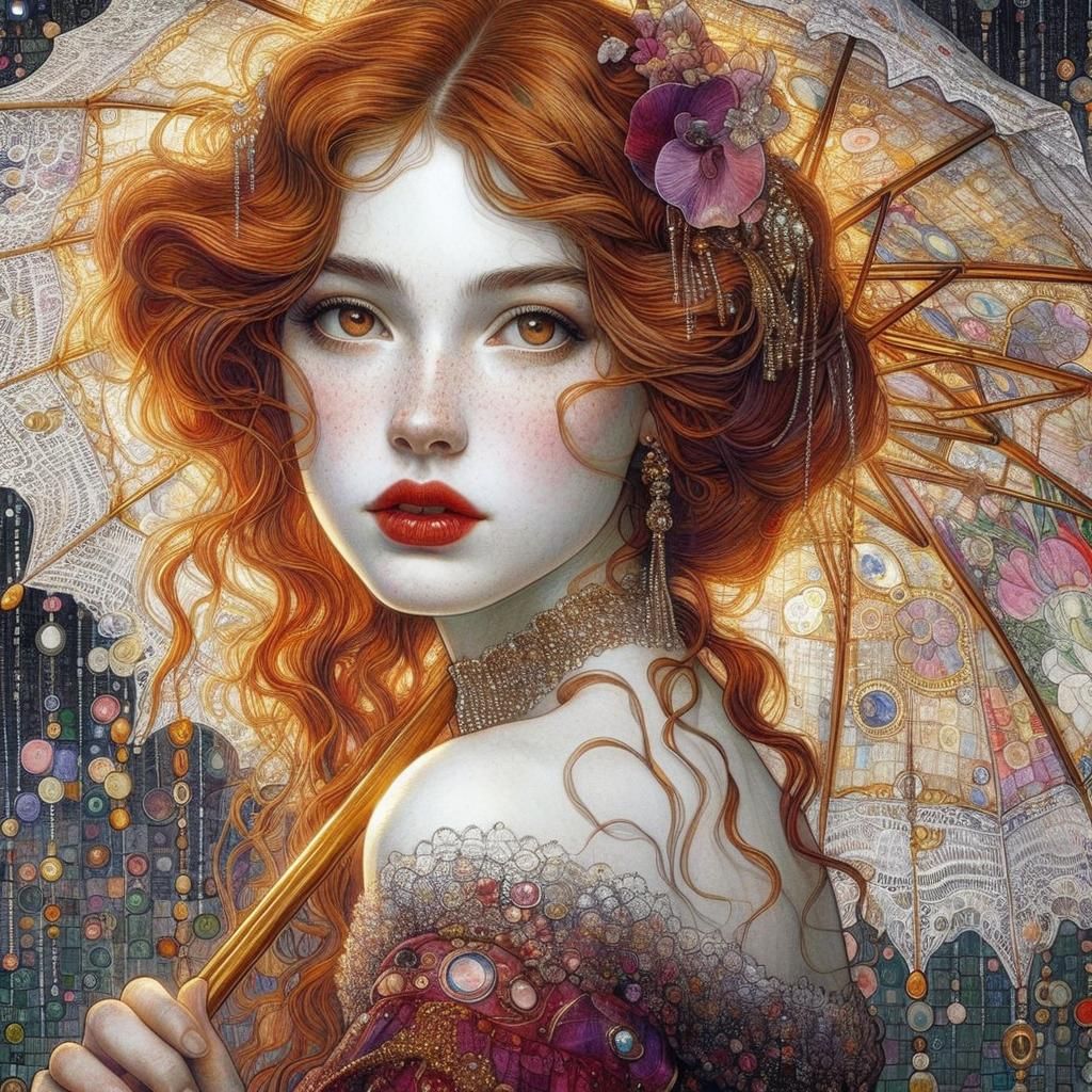 Pre-Raphaelite Beauty with Parasol in Klimt Style