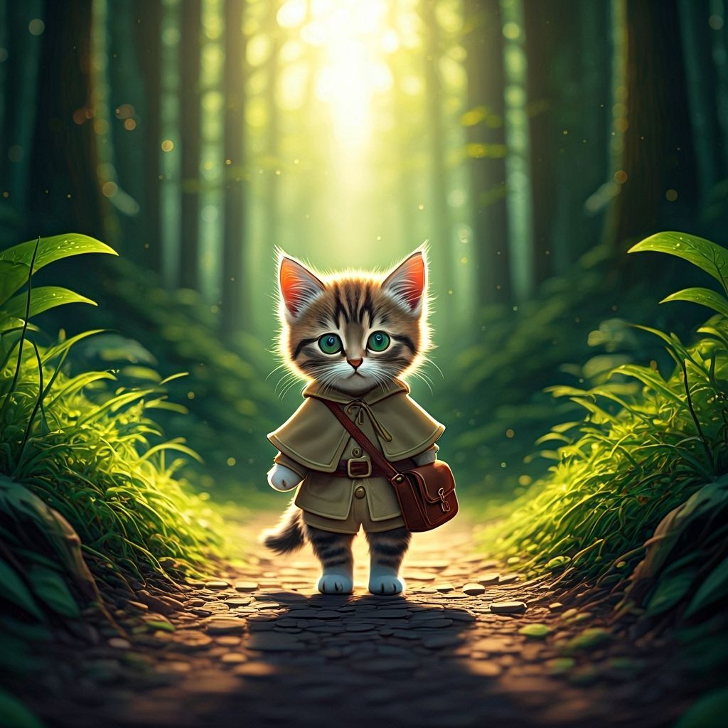 Kitten Explorer in Magical Forest, Ghibli Style