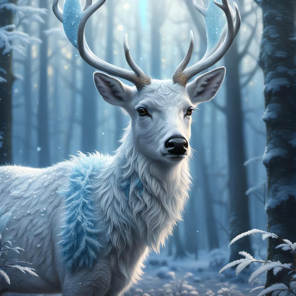 White Deer with Frosty Fur in Misty Forest