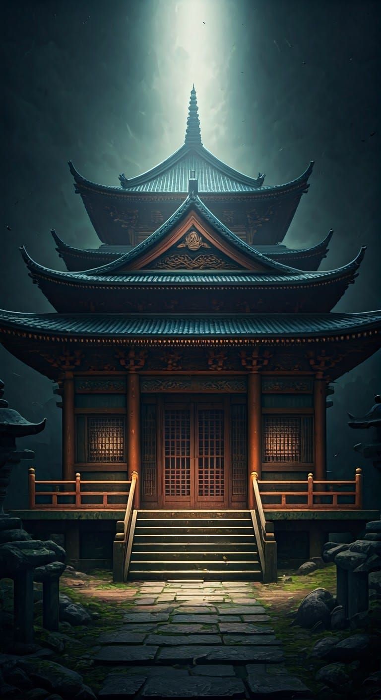 Ethereal Zen Temple in Dramatic Chiaroscuro