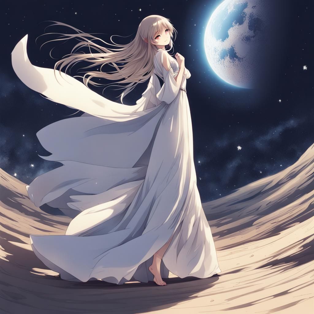 Anime Girl on the Moon in Flowing Dress