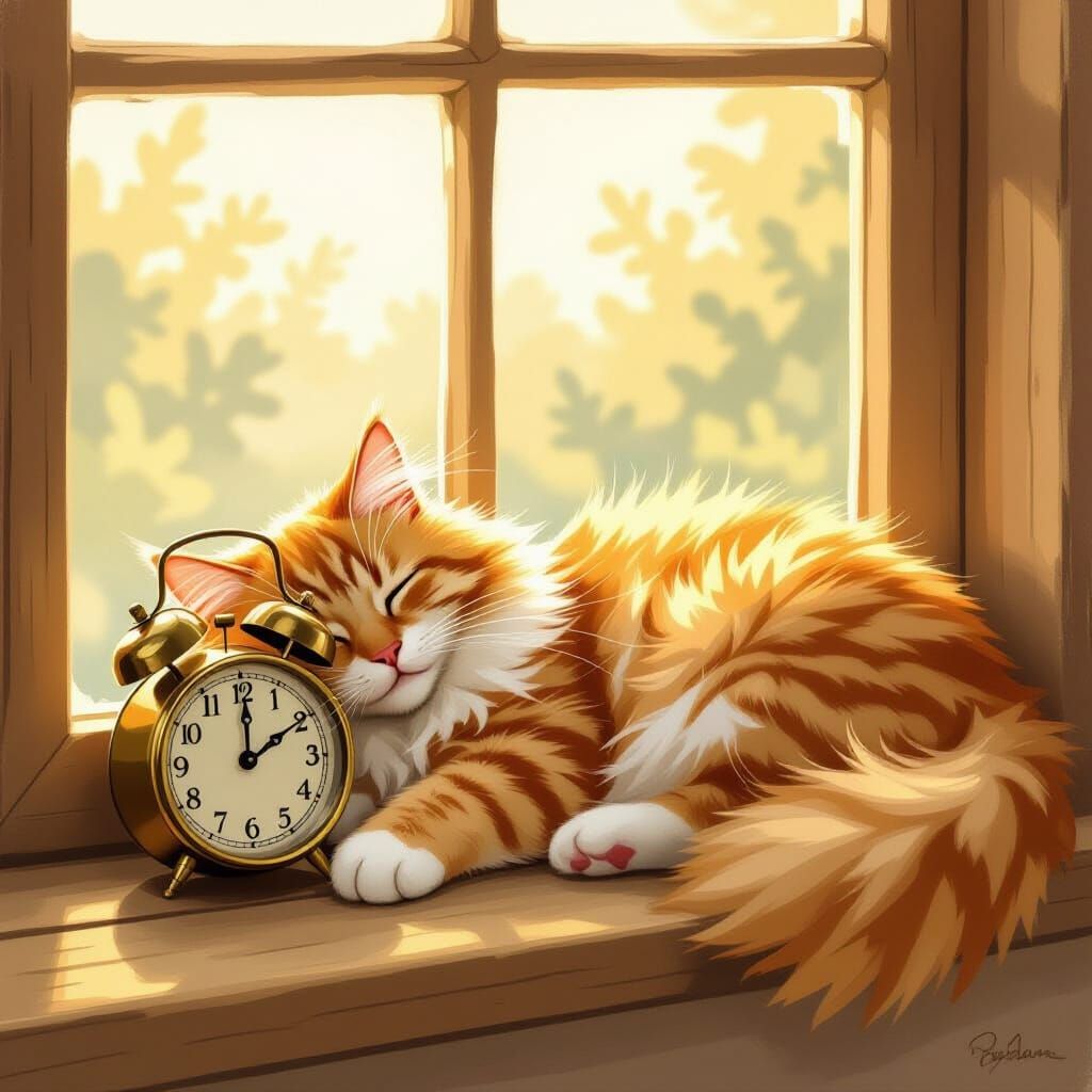 Fluffy Cat Sleeps by Old Clock in Morning Sun
