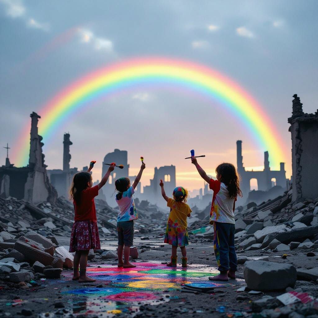 Children Paint Hopeful Rainbows Over War Ruins