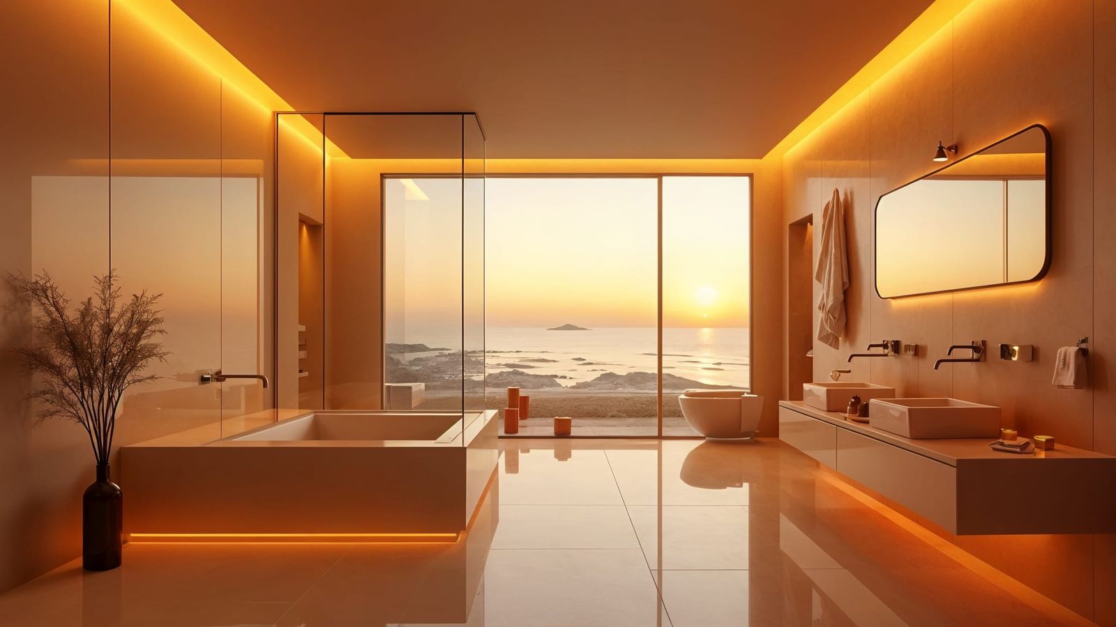 Futuristic Cyber-Sunset Minimalist Bathroom
