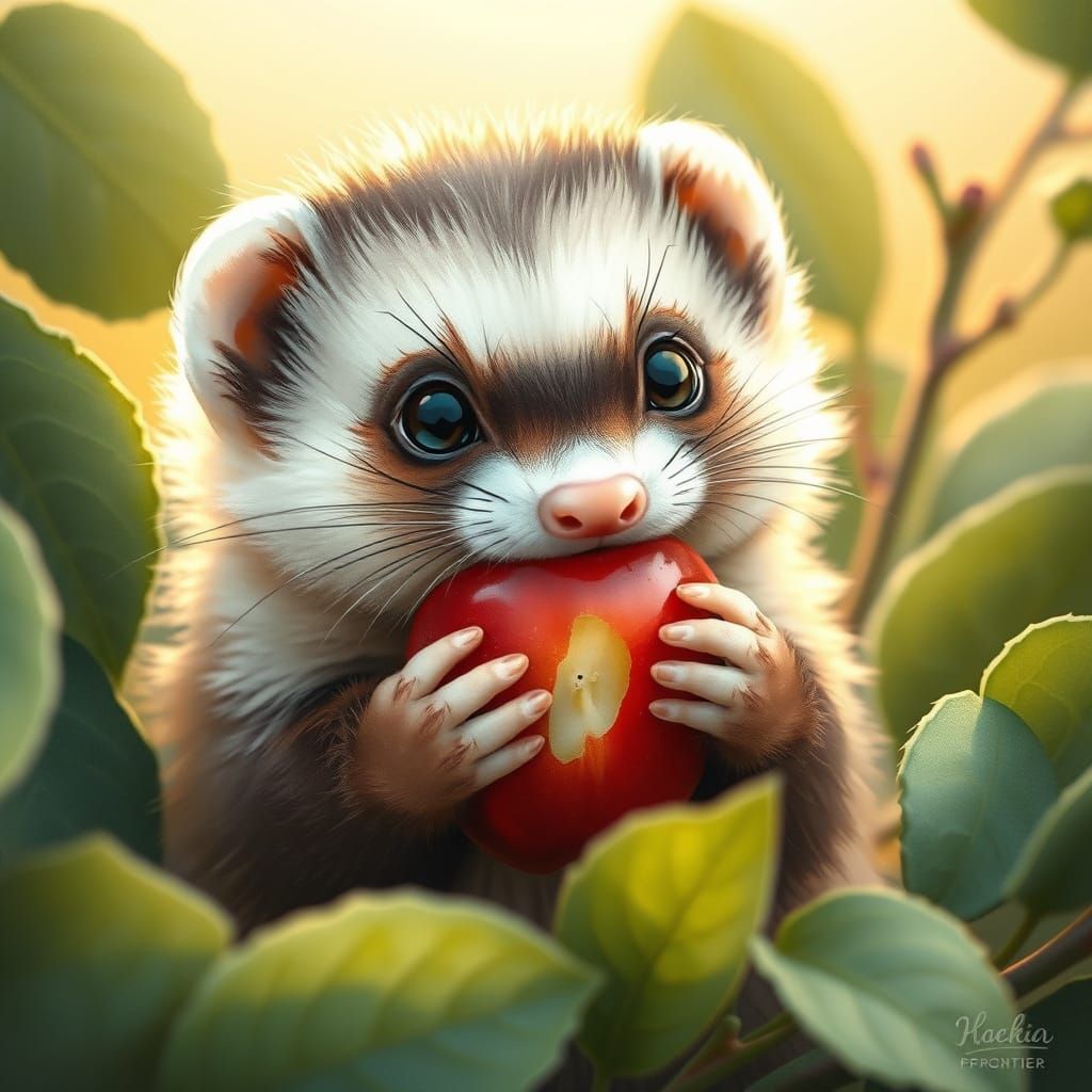 Whimsical Ferret Bites into a Red Apple