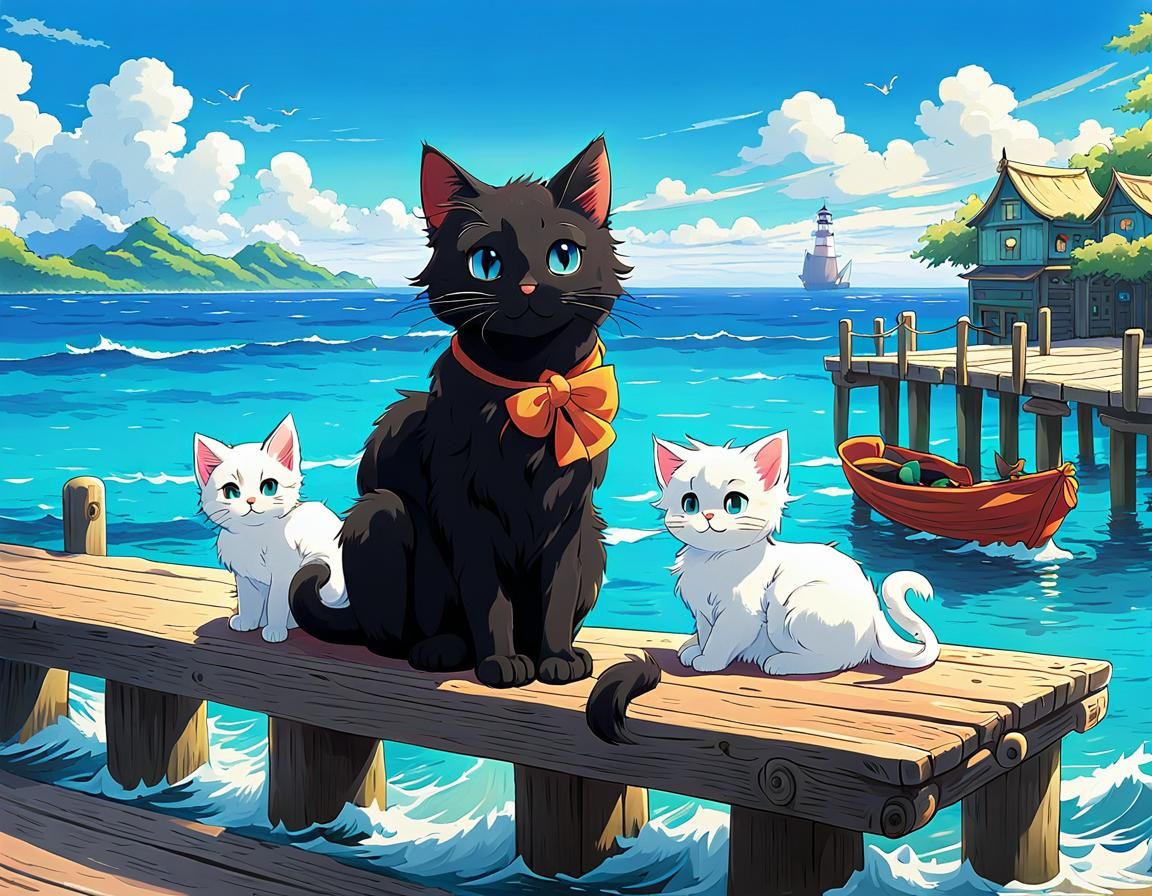 Cat Family on the Dock - anime 2
