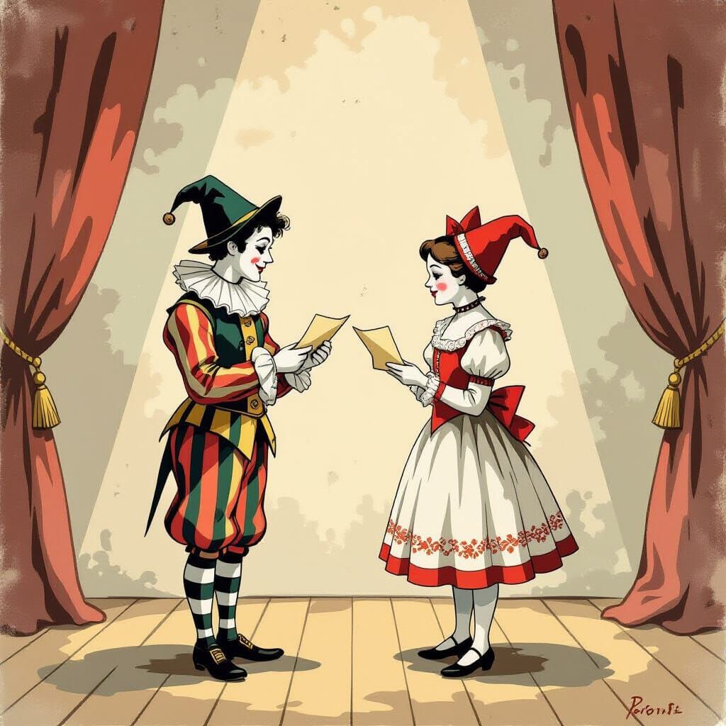 Pierrot and Pierrette Exchanging Love Letters in Muted Gouac...