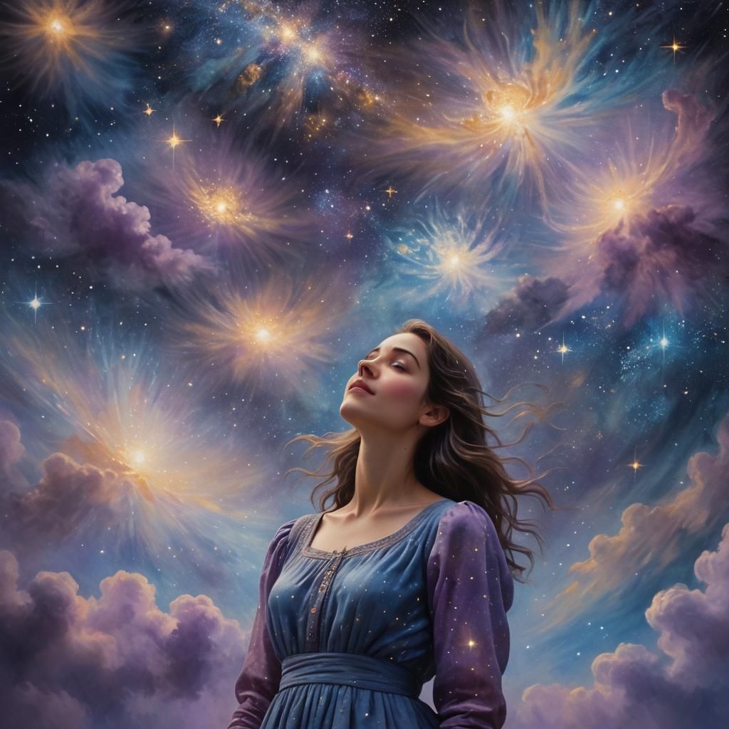 Cosmic Surrealism: Woman Gazing at Stars