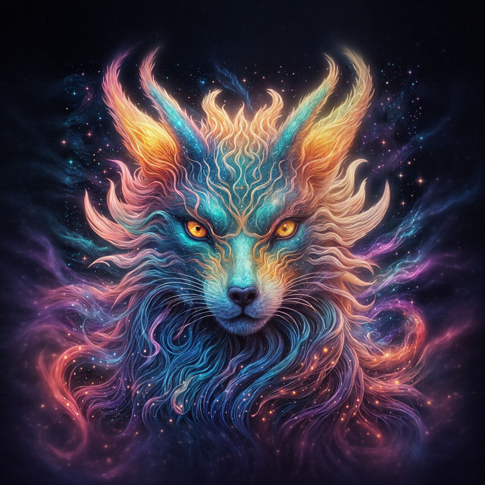 Cosmic Gumiho with Magical Aura in Visionary Art Style