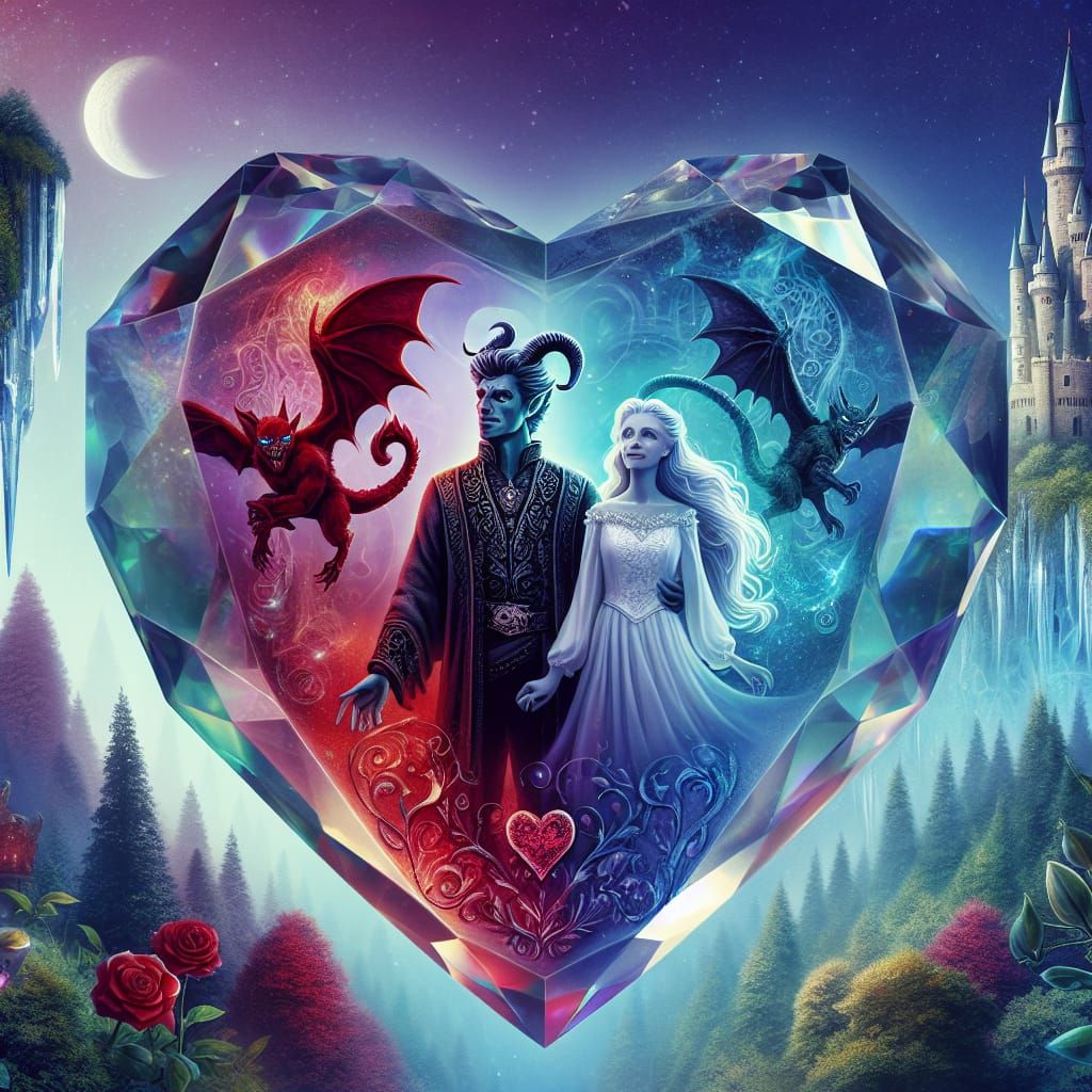 Heart Crystal with Demonic Couple in Fantasy Forest