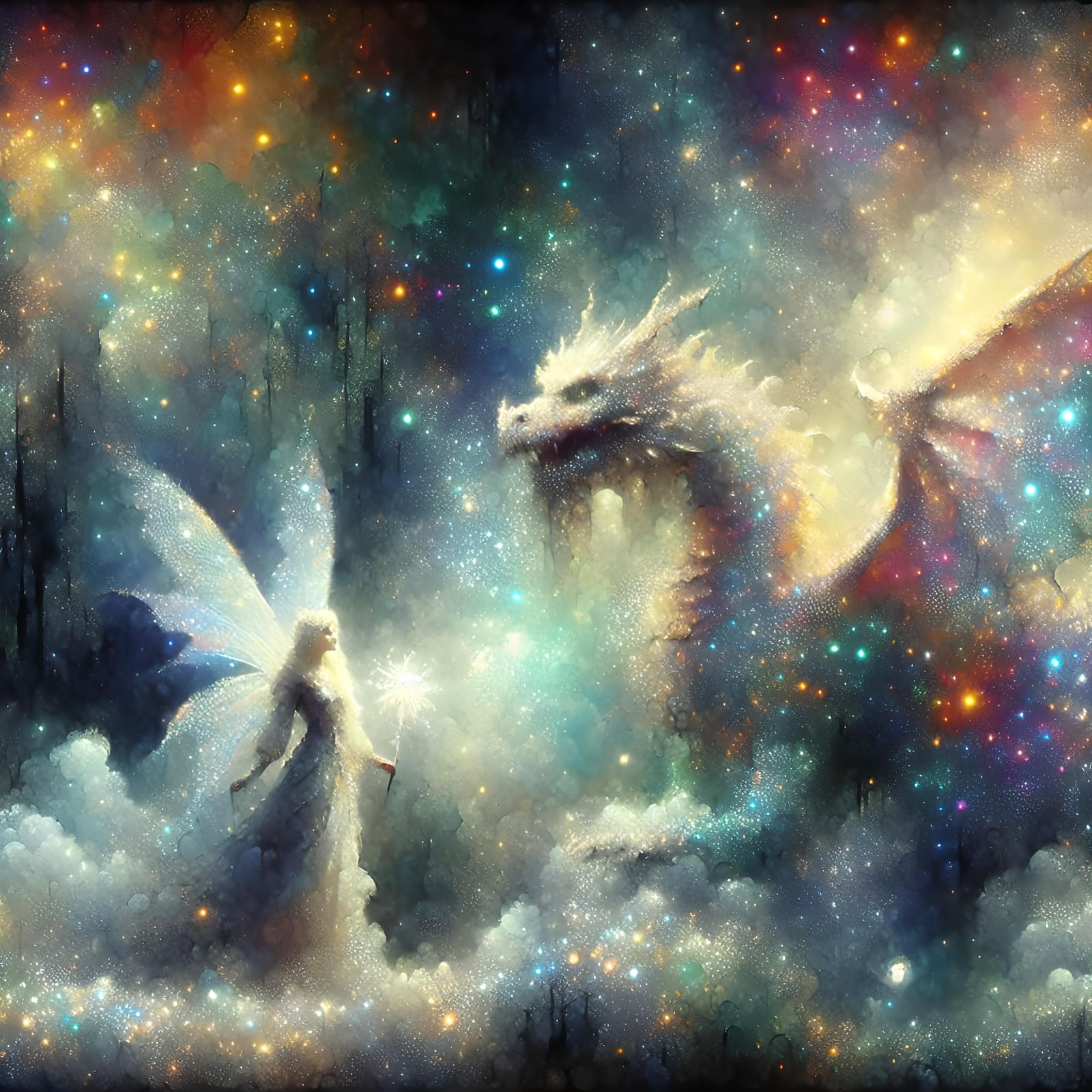Fairy and Dragon in Glittering Watercolour Fantasy