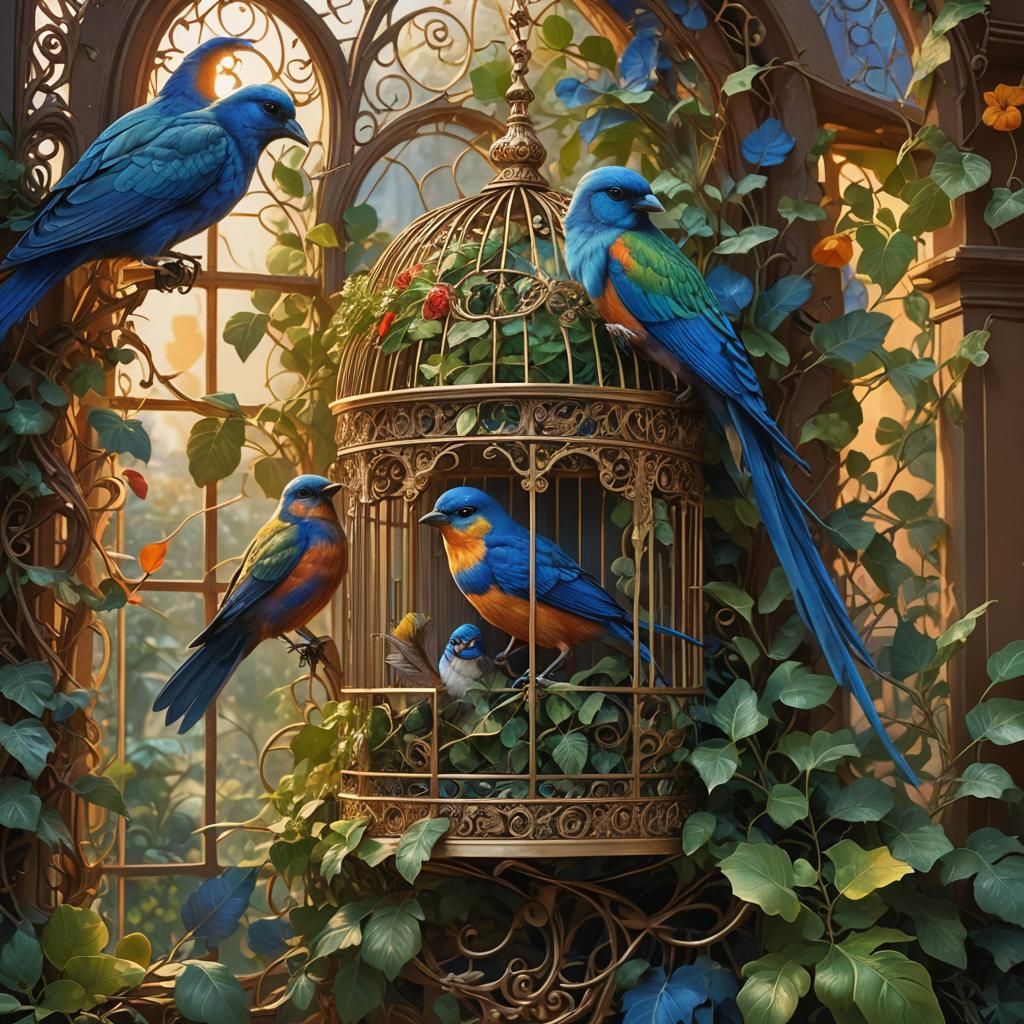 Birds in Ornate Cage Matte Painting
