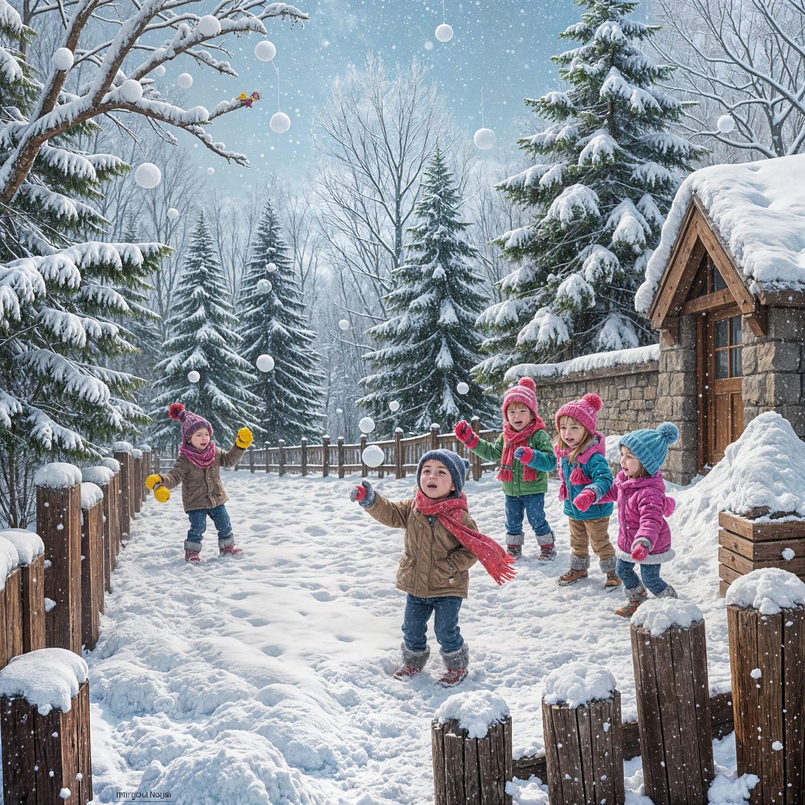 Vibrant Winter Scene of a Joyful Snowball Fight