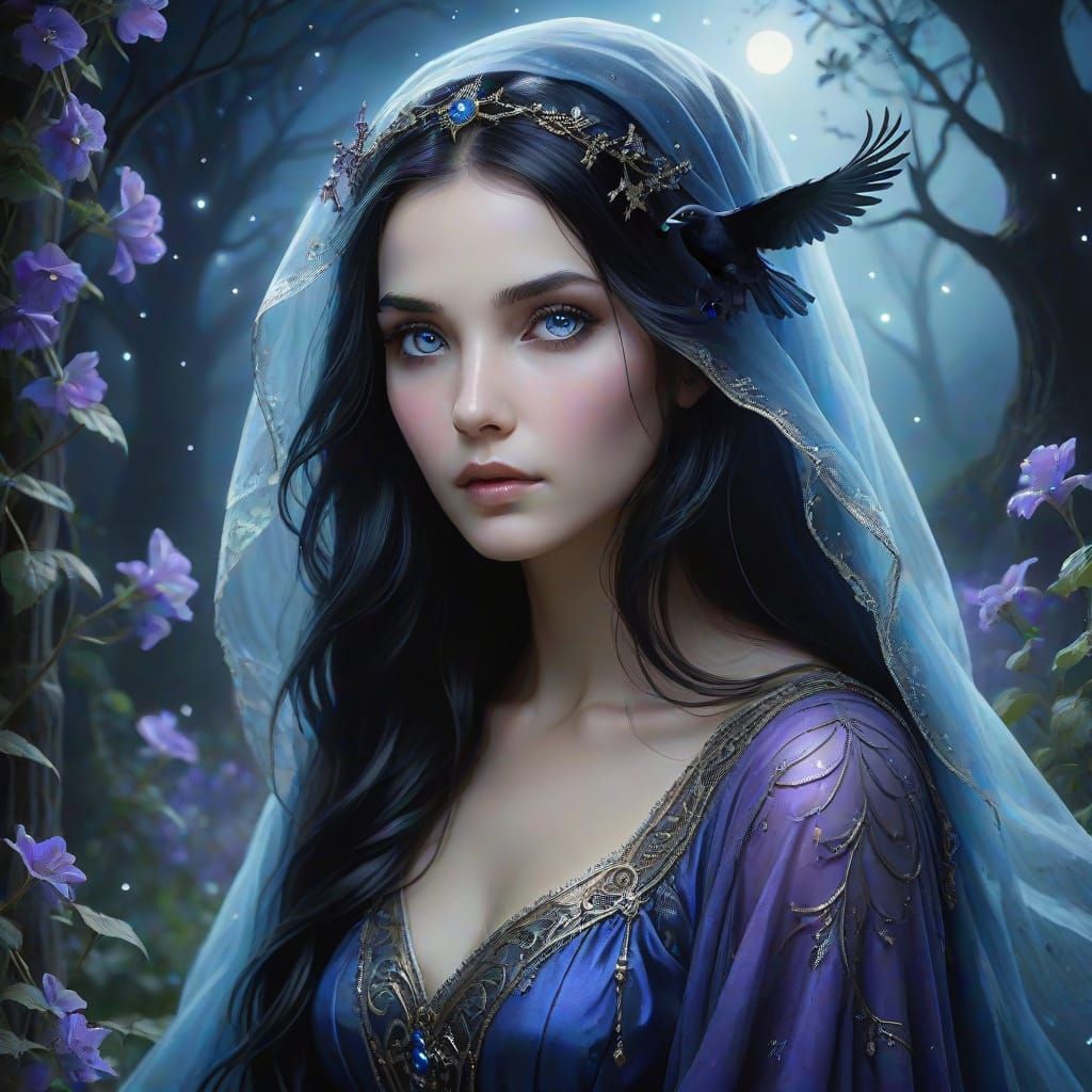 Veiled Sorceress Portrait in Enchanted Garden