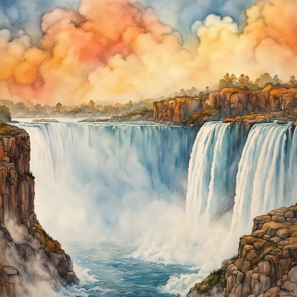 Niagara Falls in Fog, Abstract Ink Painting with Rustic Tone...