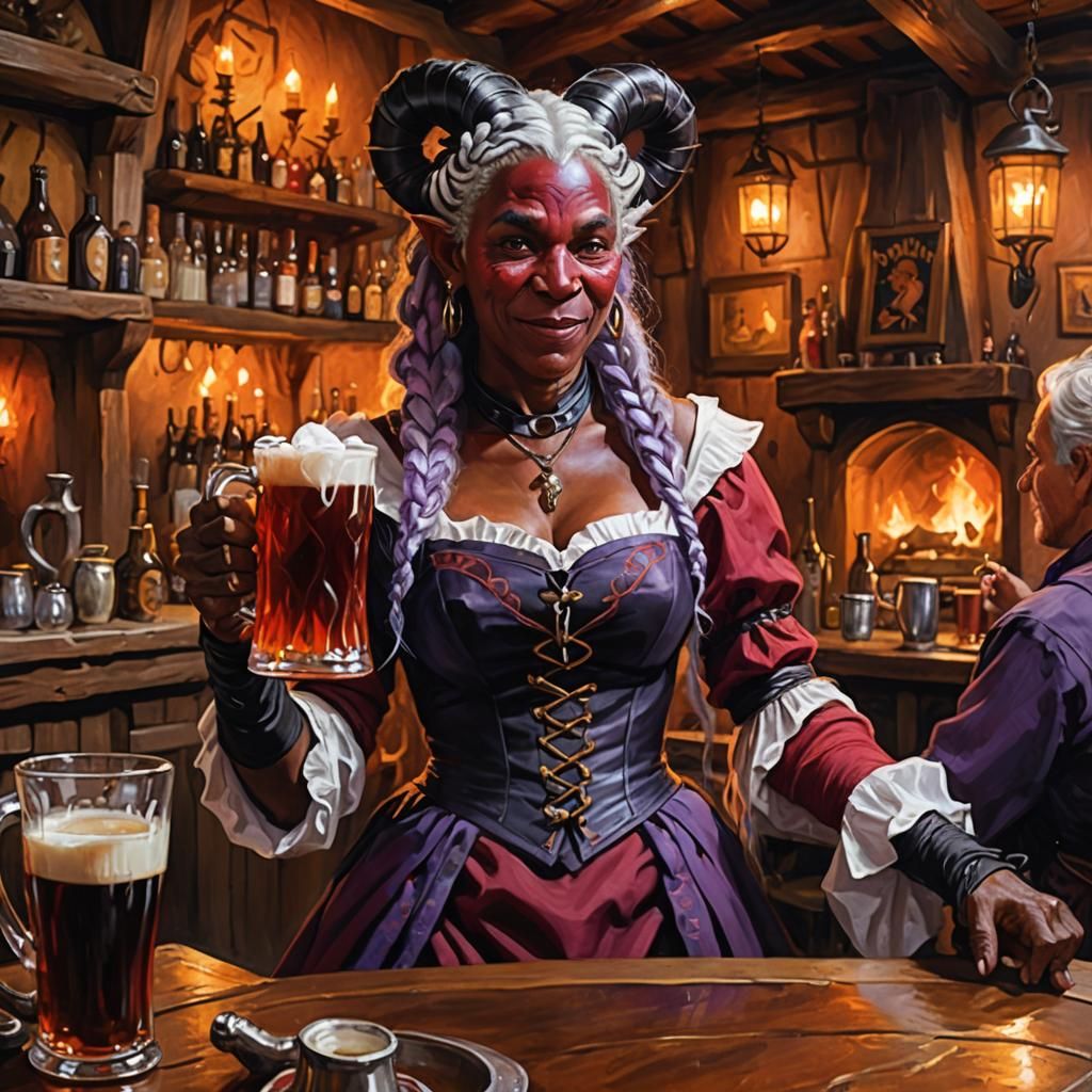 Tiefling Barmaid in Warm Tavern, Oil Painting
