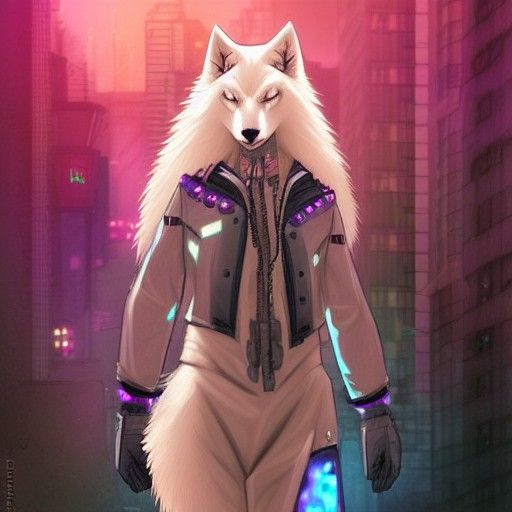 Cyberpunk Albino Wolf Fursona Portrait