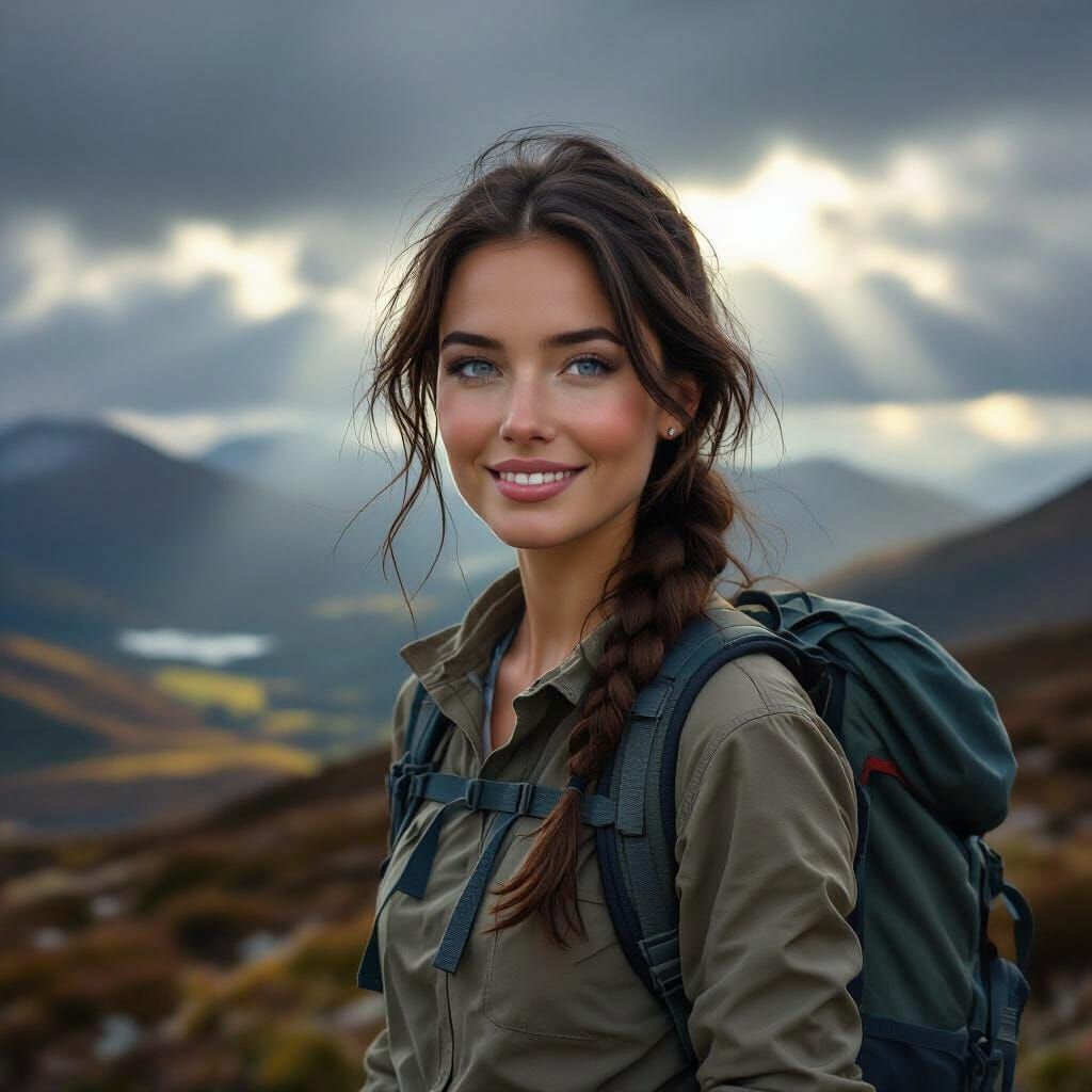 Scenic Scottish Highlands Hike With Woman Under Dramatic Sun...