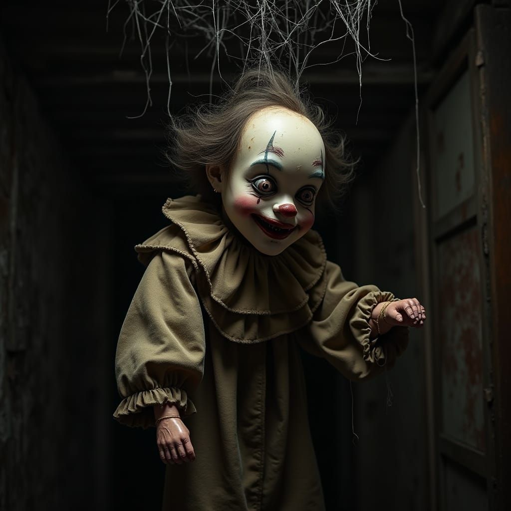 Creepy Clown Puppet in Gothic Attic, Digital Painting