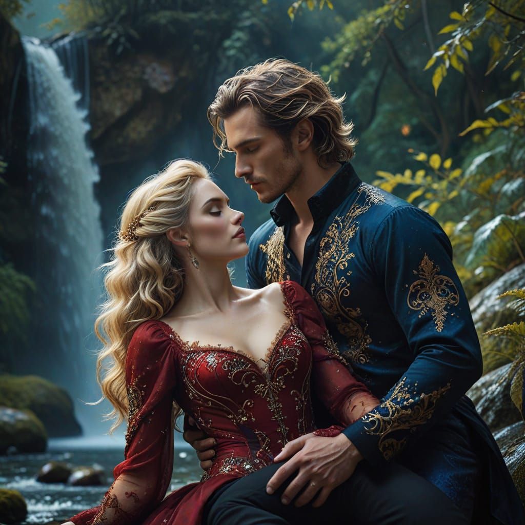 Romantic Couple Kissing by Waterfall Lake Under Milky Way