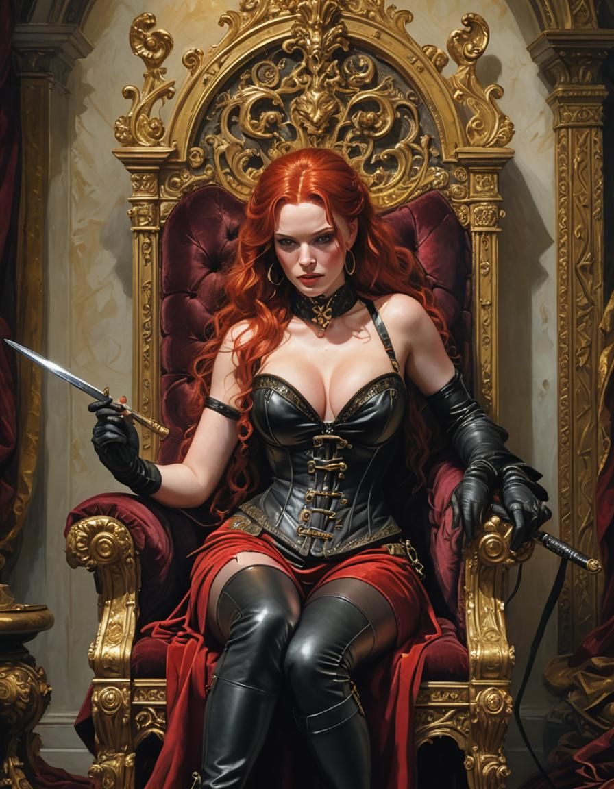 Voluptuous Redhead on Velvet Throne in Opulent Style