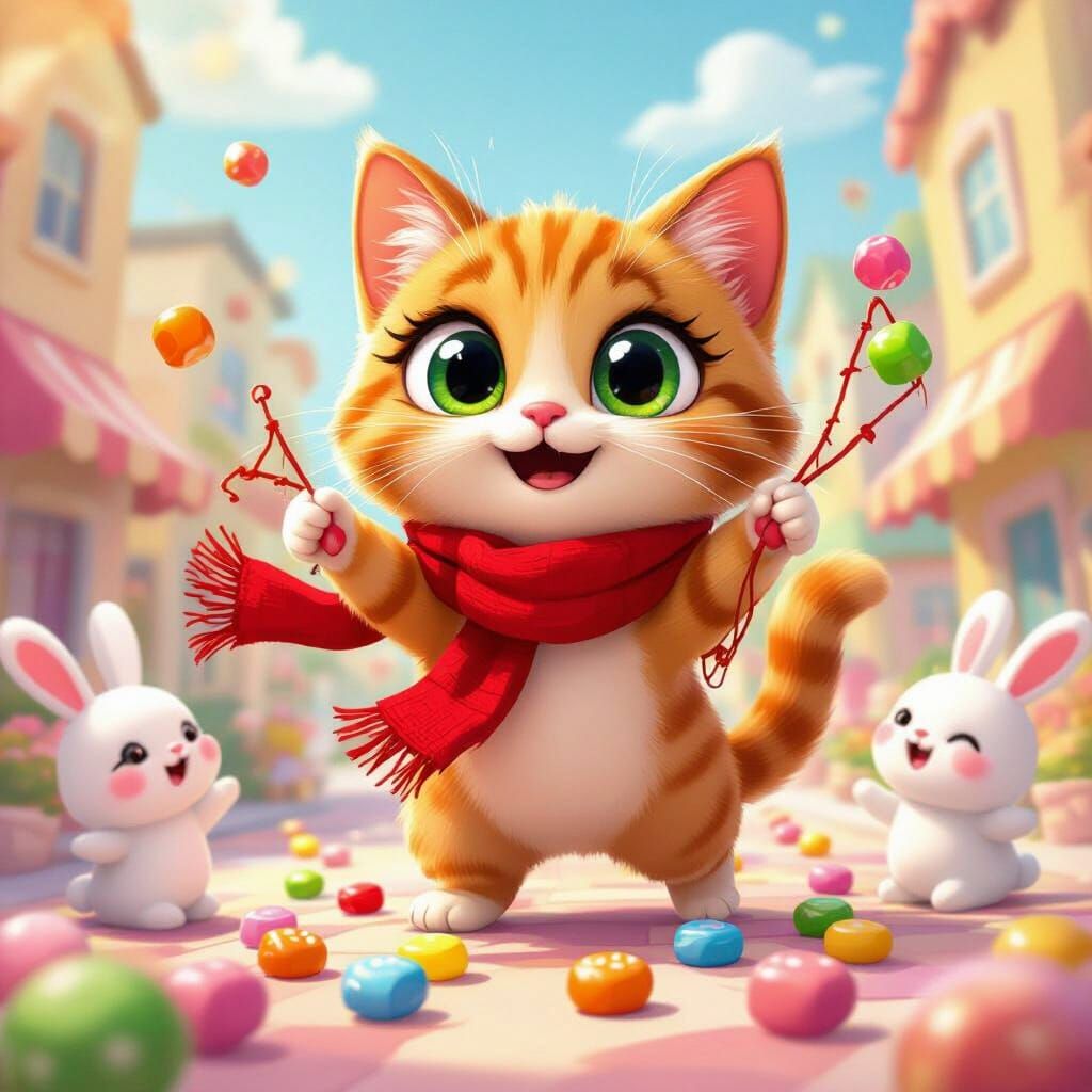 Cartoon Cat Captures Candy in Candy City