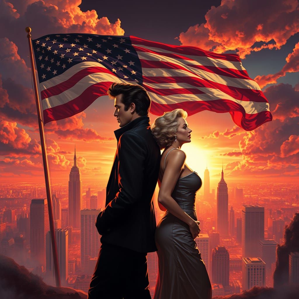 Elvis and Marilyn in Futuristic 50s Cityscape