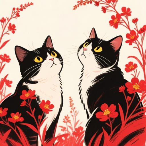 The two cats are depicted with bold strokes of red flowers b...