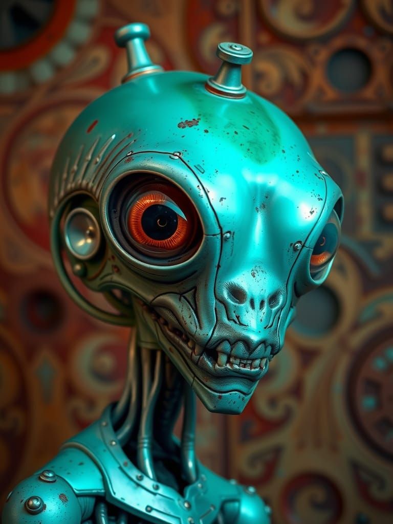 Whimsical Turquoise Alien Portrait in Hyperrealistic Style