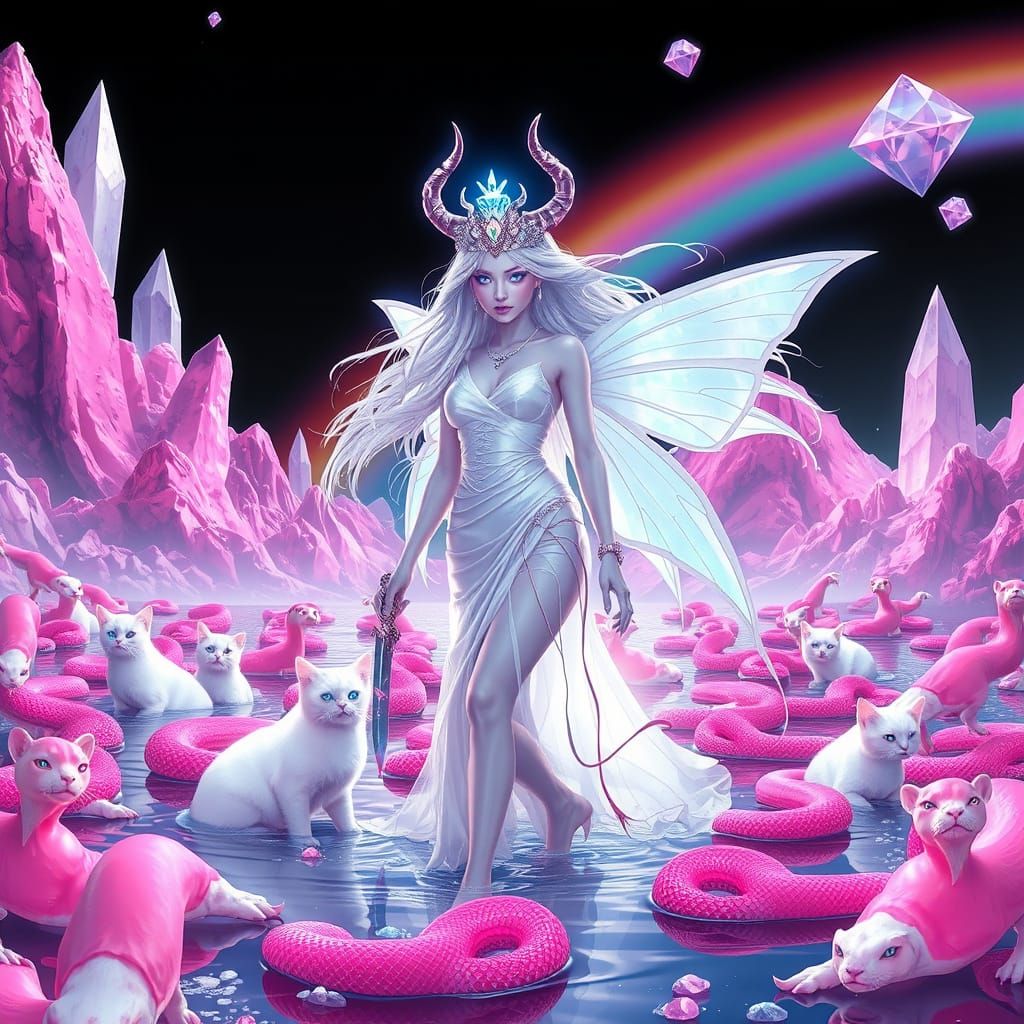 Albino Goddess with Glowing Eyes in Neon Dystopian Landscape