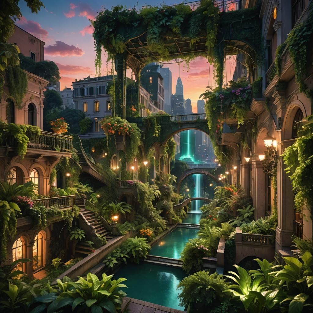 Modern Hanging Gardens with Neon Lights