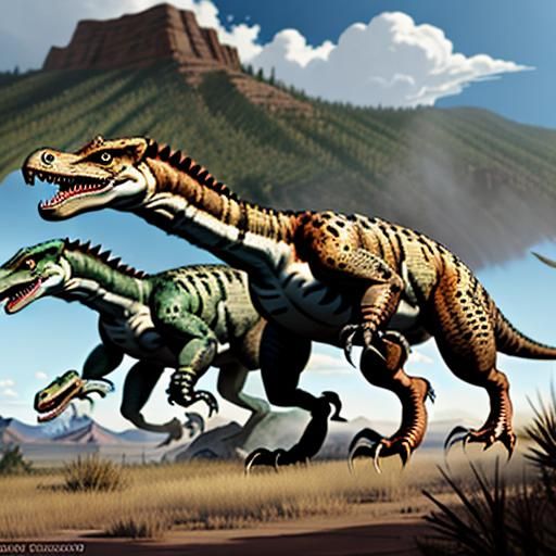 Utahraptor, Deinonychus, Acrocanthosaurus, and Majungasaurus