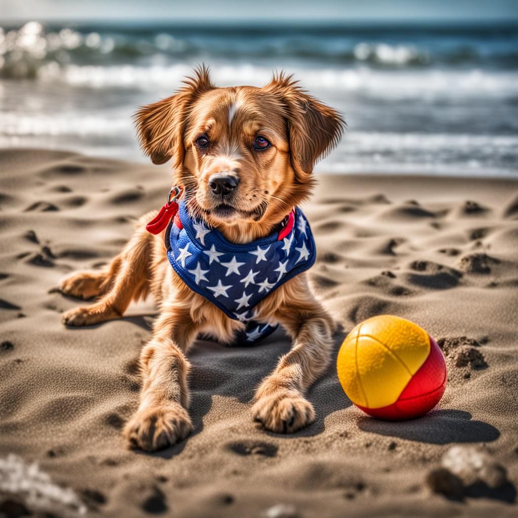 Adorable Dog Playing at the Beach in Hyperrealistic Style