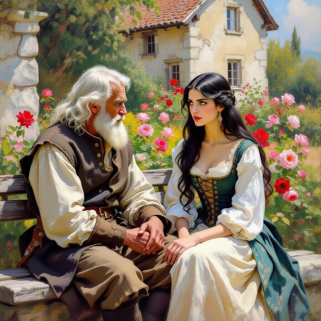 Medieval Couple in Rose Garden, Impressionistic Style