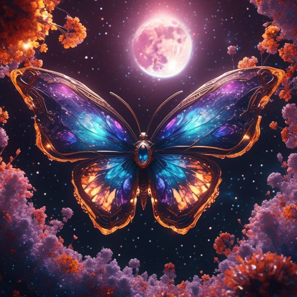 Galaxy Butterfly with Moon, Digital Art