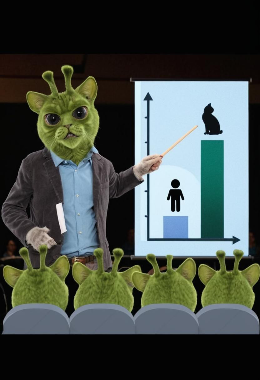 Angry Alien Cat Points at Chart: Digital Color Photo