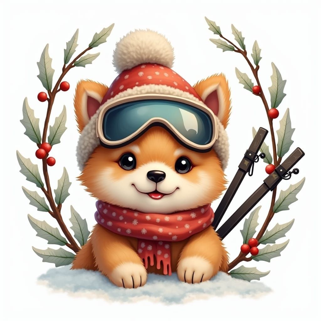 Pomeranian in Winter Outfit with Holly Frame