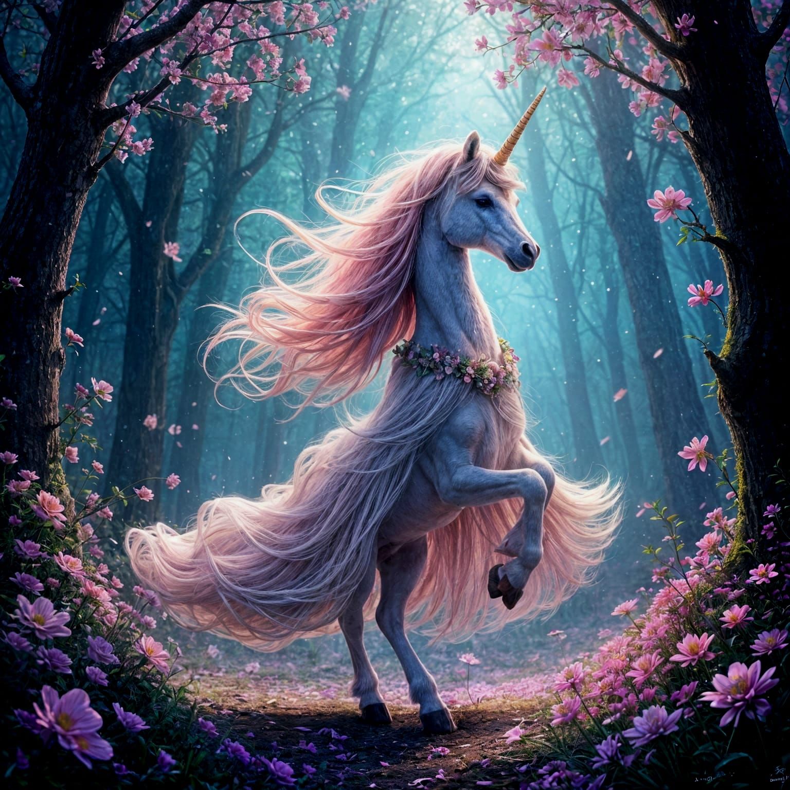 Enchanted Unicorn Dances in Vibrant Gem-Bloom Forest
