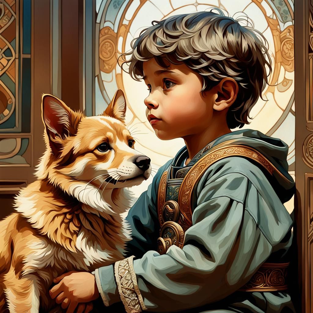 Child and Pet in Calm Alphonse Mucha Style