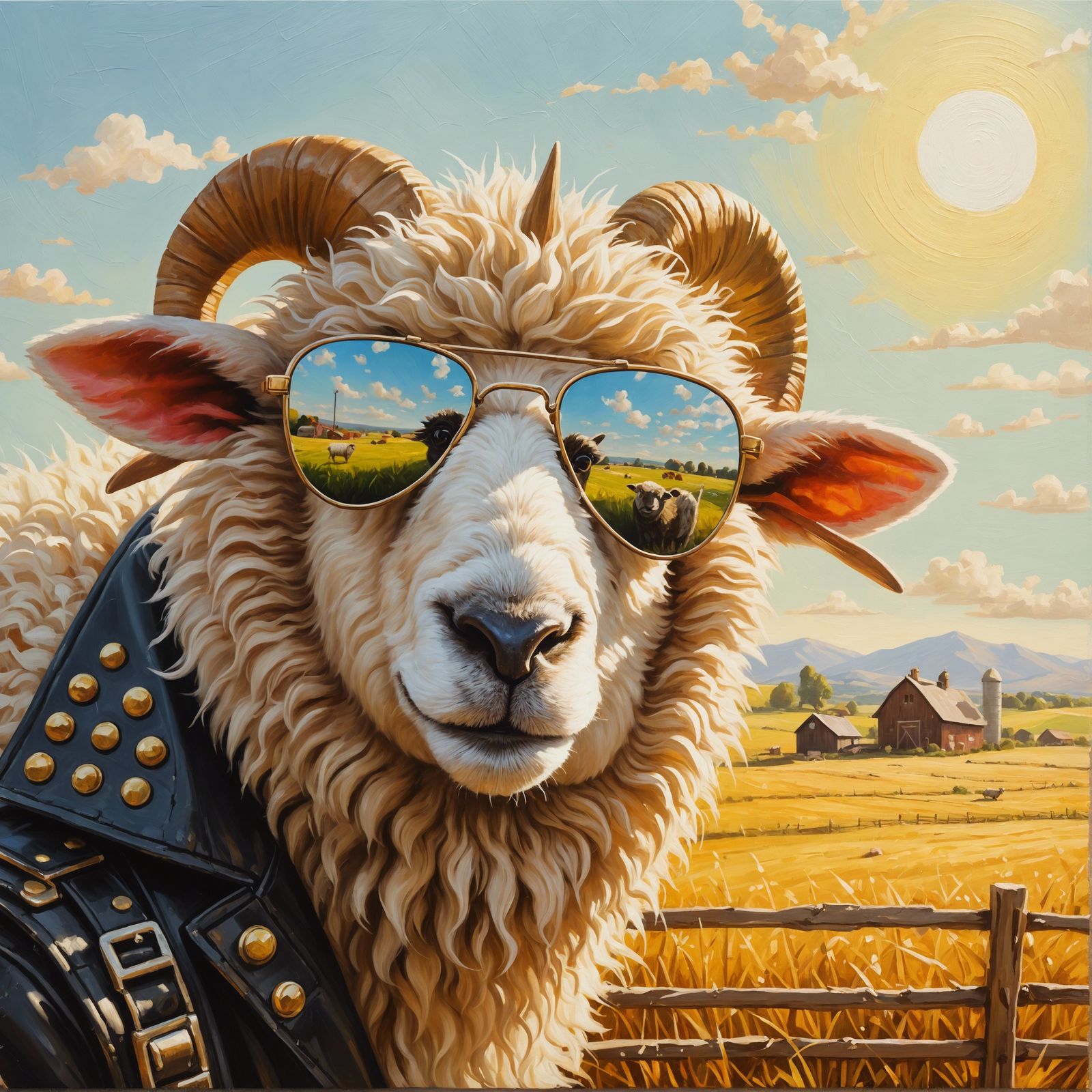 Punk Sheep in Oil Painting on Sunny Farmland