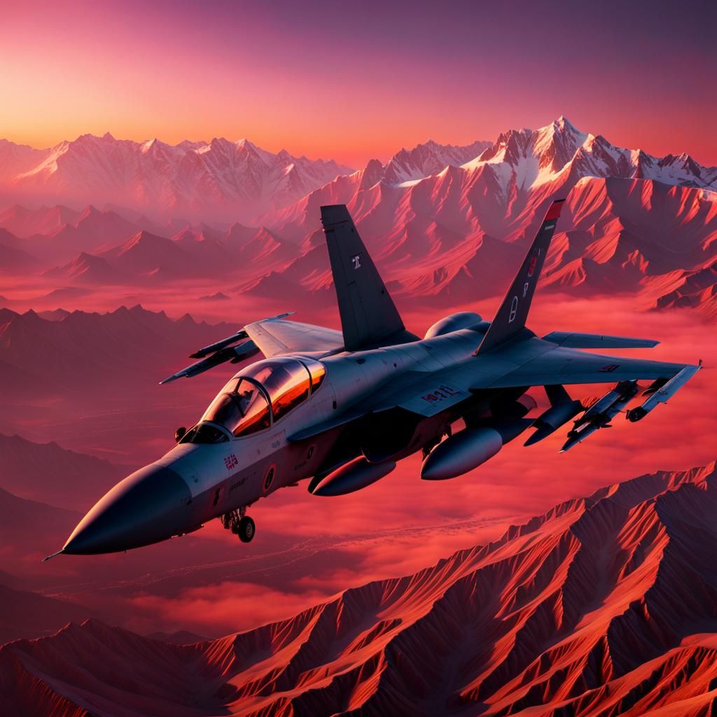Air Force fighterjet pilot flying around Afghan mountains at dusk with red sunset