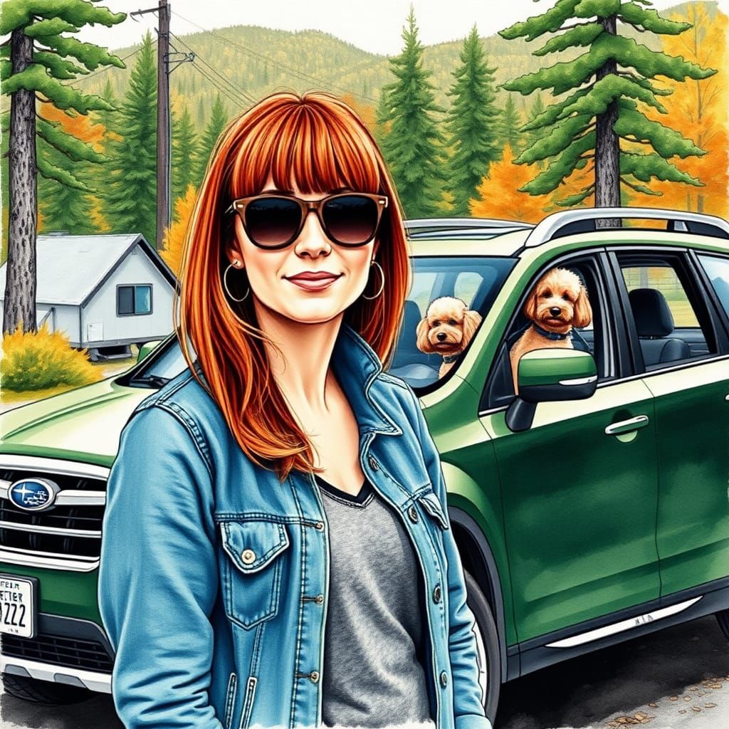 Woman, Poodles, and Forester at Campsite: Watercolor