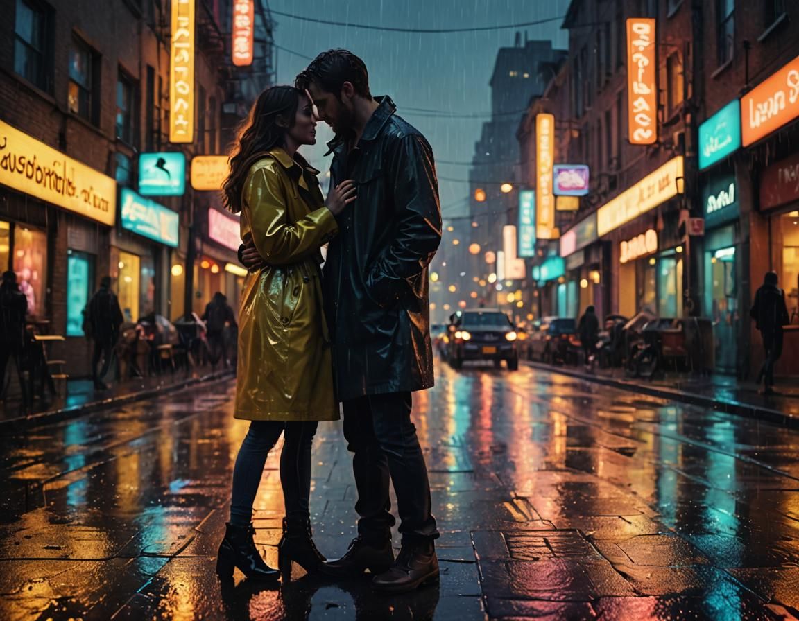 Neon Cityscape Embrace in Cyberpunk Style