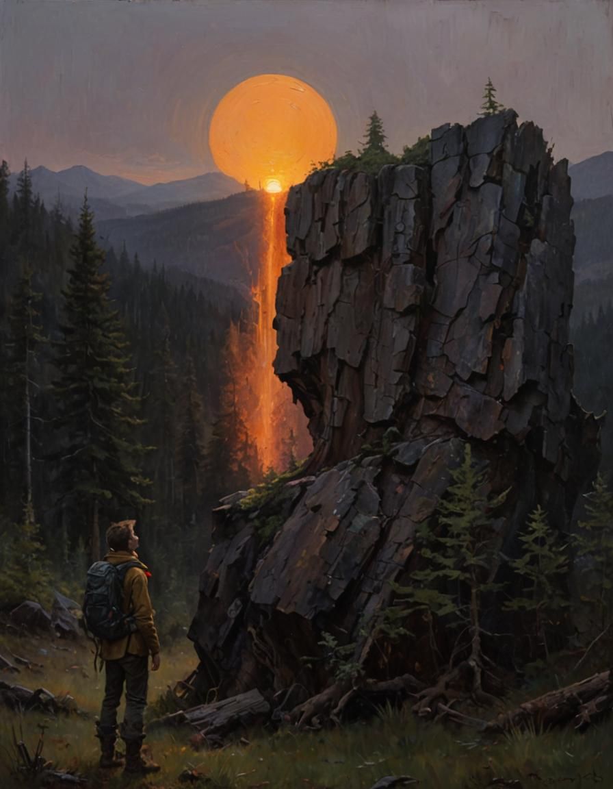 Adventurer Gazing at Sunset: Oil Painting